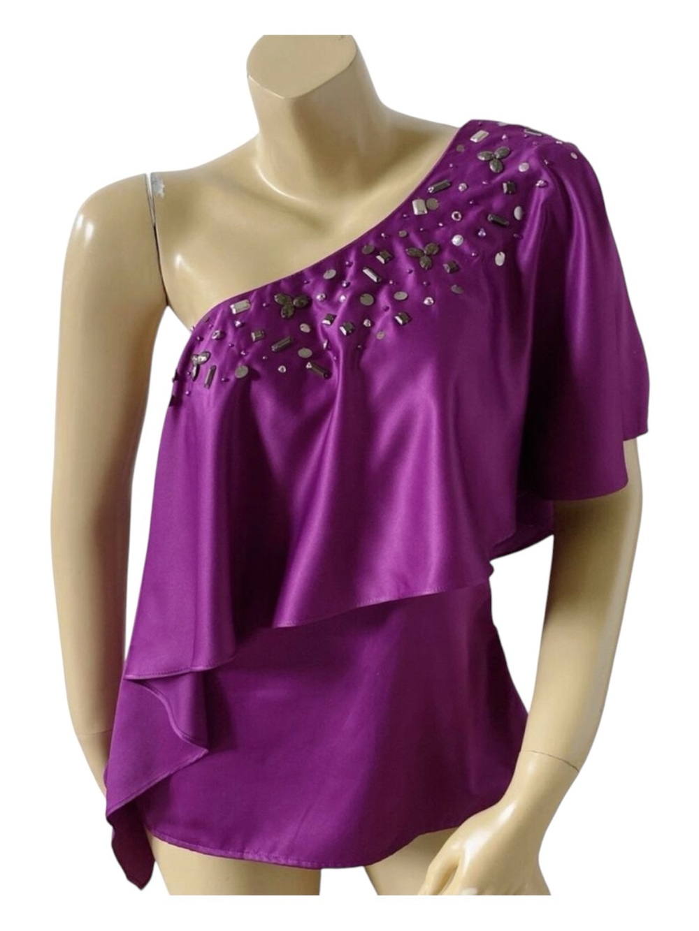 Rampage One Shoulder Blouse Womens Medium Purple Beaded Asymmetrical Tunic Top